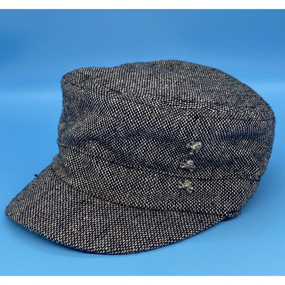 Vintage Gray/Black Skull And Crossbones Embellished Newsboy Hat, From Disneyland
